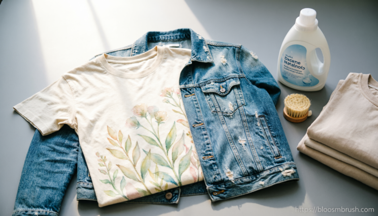 Hand painted T-shirt and denim jacket laid flat with mild detergent and soft laundry care tools.