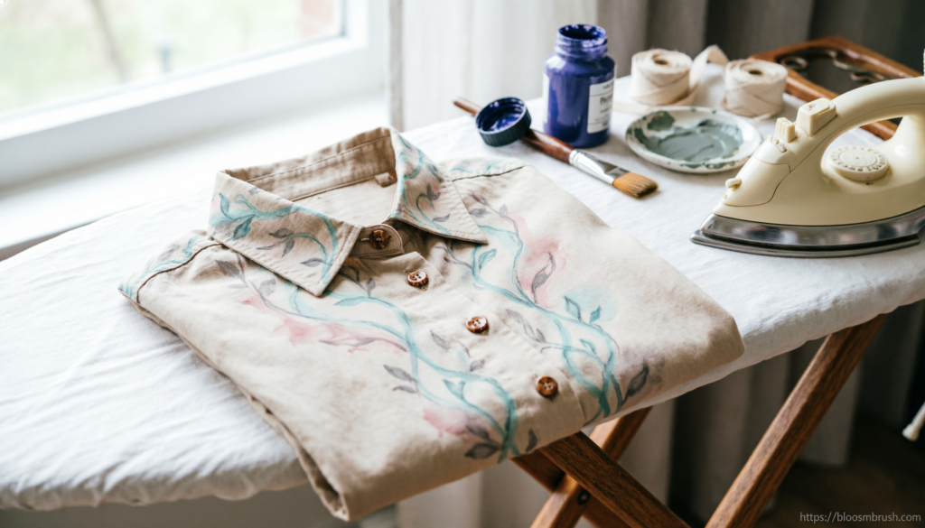 Person ironing hand painted clothes safely with protective cloth and fabric paint supplies nearby.