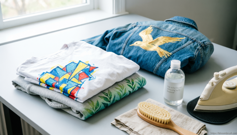 Hand painted clothes with care items showing how to prevent fabric paint fading