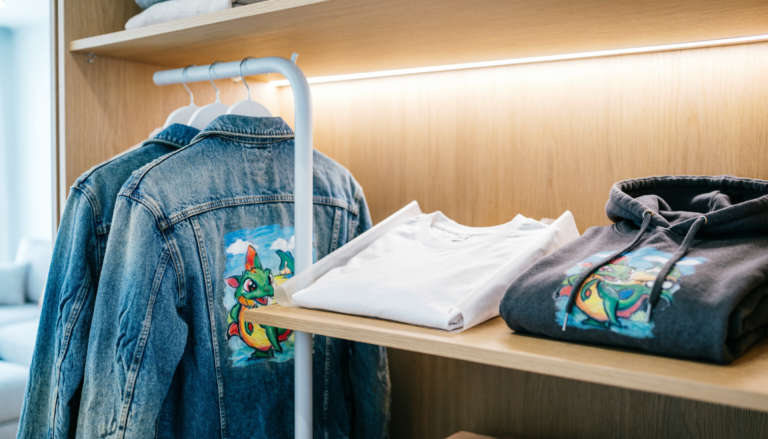 Hand-painted shirt, hoodie, and denim jacket stored safely with tissue paper and padded hangers.