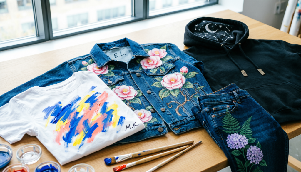 Collection of hand painted shirts, hoodies, denim jackets, and jeans featuring floral, abstract, celestial, and personalized designs.