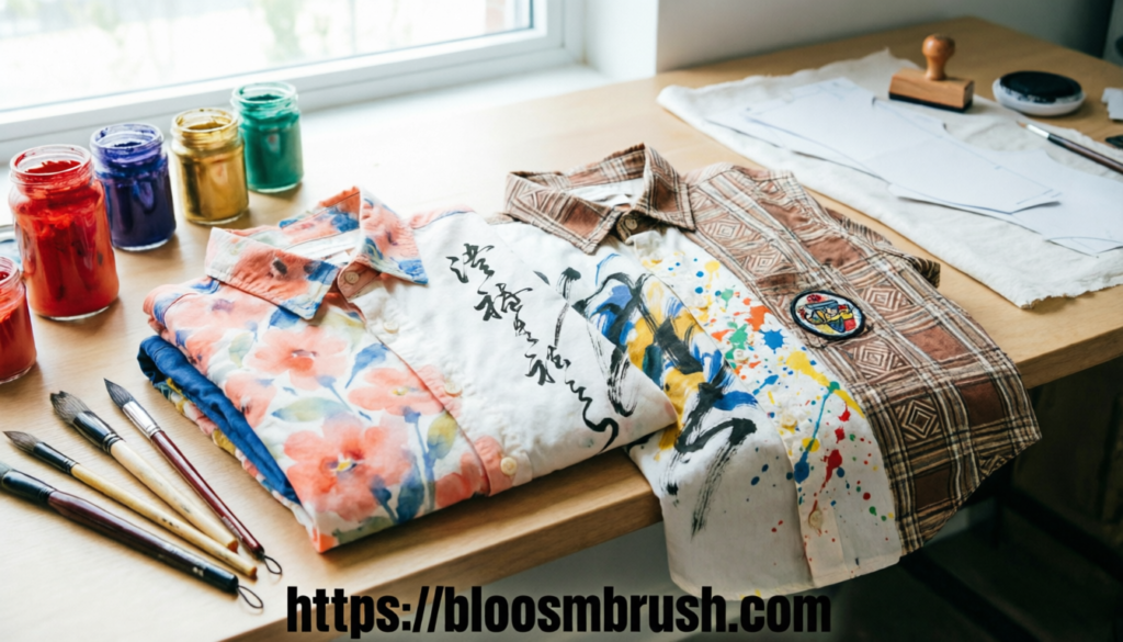 Colorful hand-painted shirts featuring floral, calligraphy, abstract, geometric, and paint-splatter designs on a creative workspace.