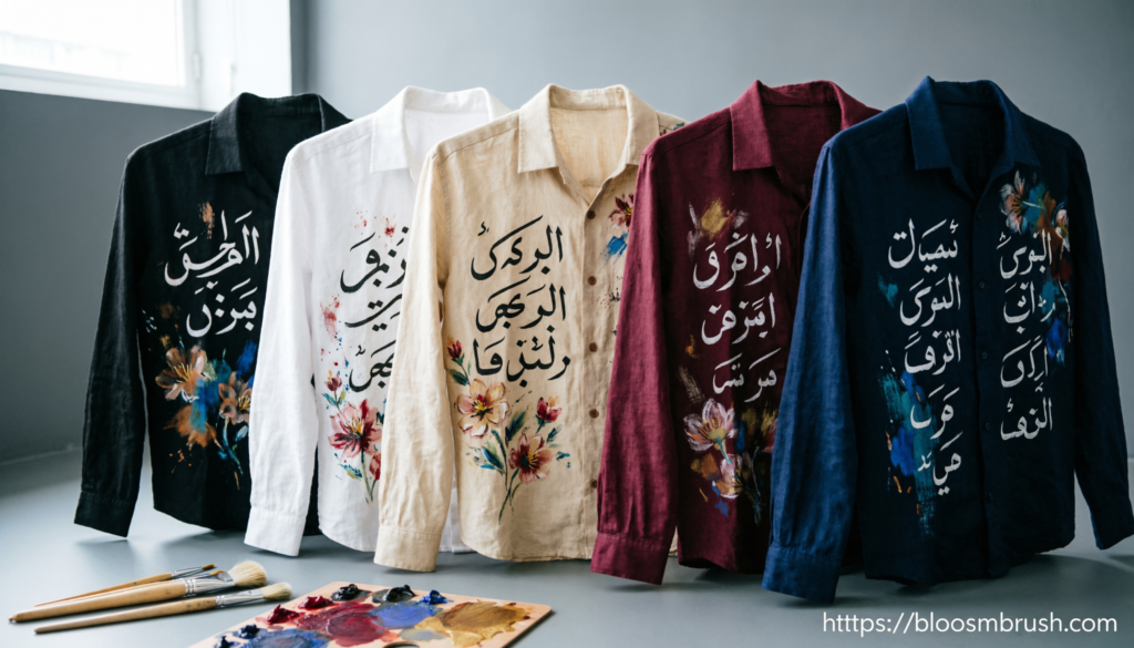 Custom calligraphy shirt designs featuring Arabic, Urdu, personalized names, quotes, floral artwork, and hand-painted details.