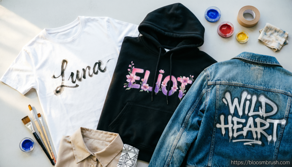 Hand-painted shirts, hoodie, and denim jacket featuring creative personalized name designs in different lettering styles.