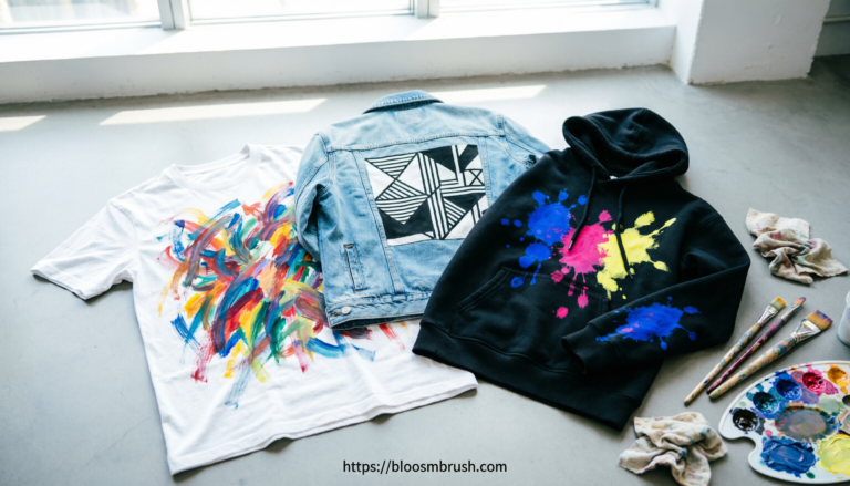 Colorful abstract painted shirts, hoodie, and denim jacket displayed as creative wearable art ideas.