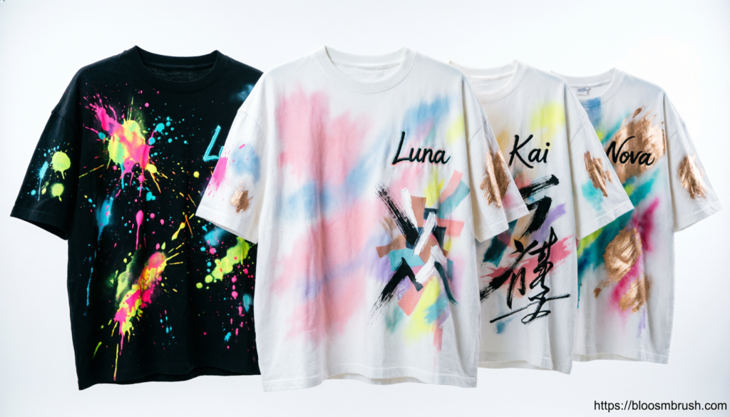 Colorful custom paint splatter shirts featuring abstract patterns, calligraphy, neon splashes, pastel colors, and personalized designs.