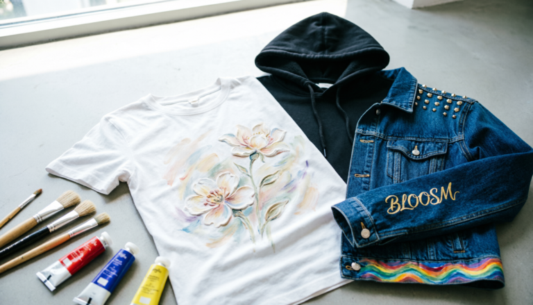 Artistic texture clothing ideas featuring painted shirts, hoodies, and denim with abstract brushstrokes, floral details, and metallic accents.