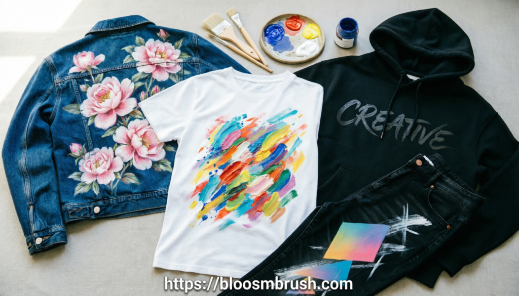 Fabric painting designs on clothes featuring a floral denim jacket, abstract T-shirt, painted hoodie, and customized jeans.