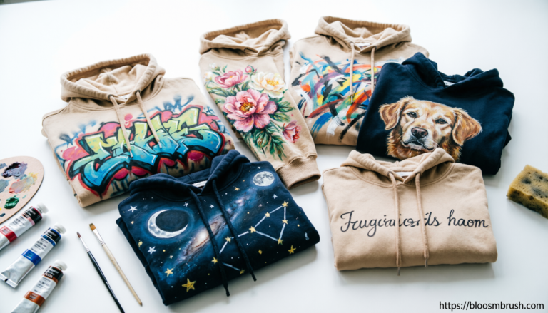 Custom hoodie painting ideas featuring graffiti, floral, abstract, portrait, celestial, and personalized hand-painted designs