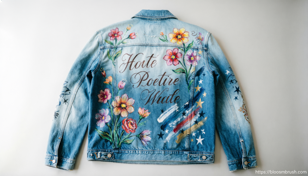 Hand-painted denim jacket featuring colorful flowers, calligraphy, stars, and abstract artwork.