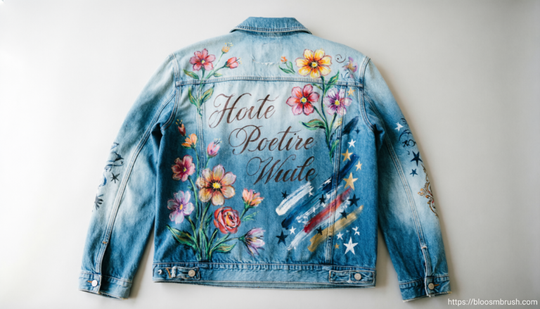 Hand-painted denim jacket featuring colorful flowers, calligraphy, stars, and abstract artwork.